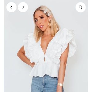 KOURT White Ruffle Sleeve Structured Deep-V Top